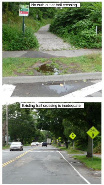 Photos show the lack of curb cut at the trail crossing and how the existing trail crossing is inadequate. 